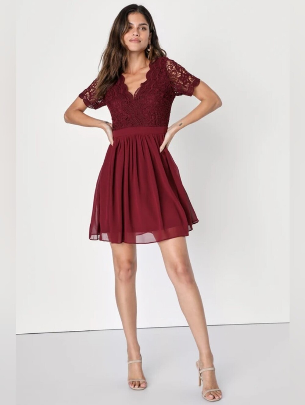 Lulus Angel in Disguise Burgundy Lace Skater Cocktail Dress Size XS